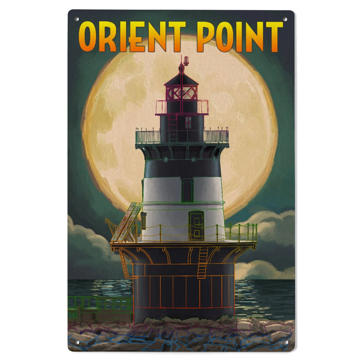Orient Point, New York, Lighthouse & Full Moon, Lantern Press Artwork, Wood Signs and Postcards Wood Lantern Press