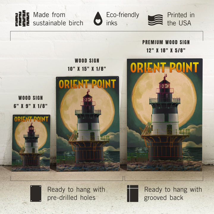 Orient Point, New York, Lighthouse & Full Moon, Lantern Press Artwork, Wood Signs and Postcards Wood Lantern Press
