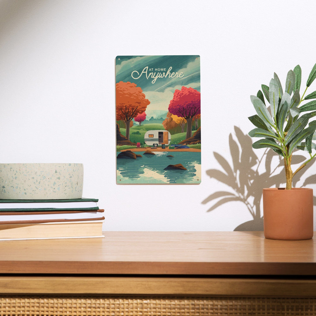 Outdoor Activity, At Home Anywhere, Camper in Fall Colors, Wood Signs and Postcards Wood Lantern Press