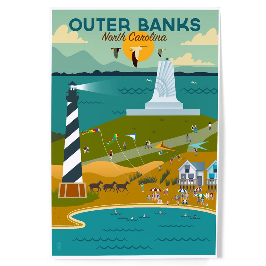 Outer Banks, North Carolina, Beach and Lighthouse, Geometric, Art & Giclee Prints Art Lantern Press