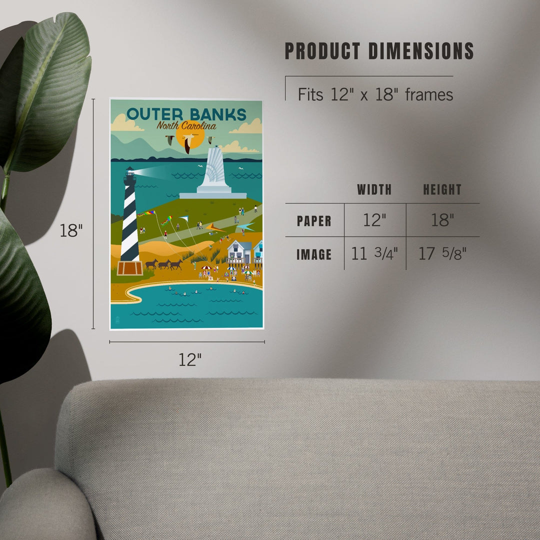 Outer Banks, North Carolina, Beach and Lighthouse, Geometric, Art & Giclee Prints Art Lantern Press