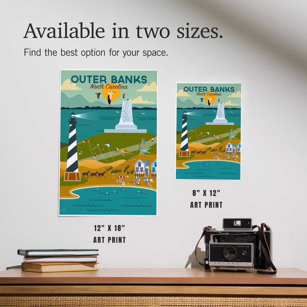 Outer Banks, North Carolina, Beach and Lighthouse, Geometric, Art & Giclee Prints Art Lantern Press