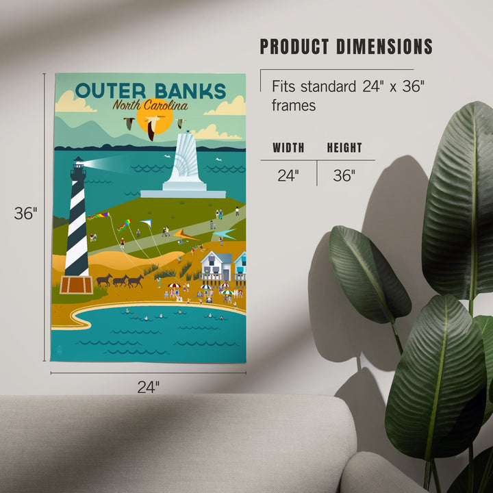 Outer Banks, North Carolina, Beach and Lighthouse, Geometric, Art & Giclee Prints Art Lantern Press