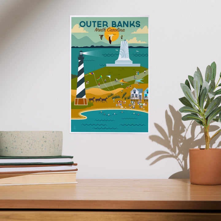Outer Banks, North Carolina, Beach and Lighthouse, Geometric, Art & Giclee Prints Art Lantern Press