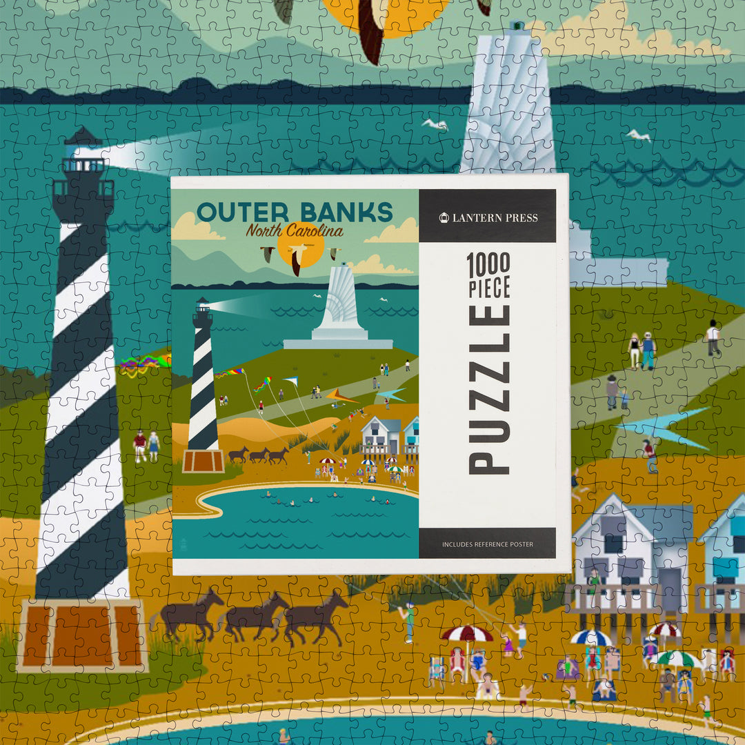 Outer Banks, North Carolina, Beach and Lighthouse, Geometric, Jigsaw Puzzle Puzzle Lantern Press