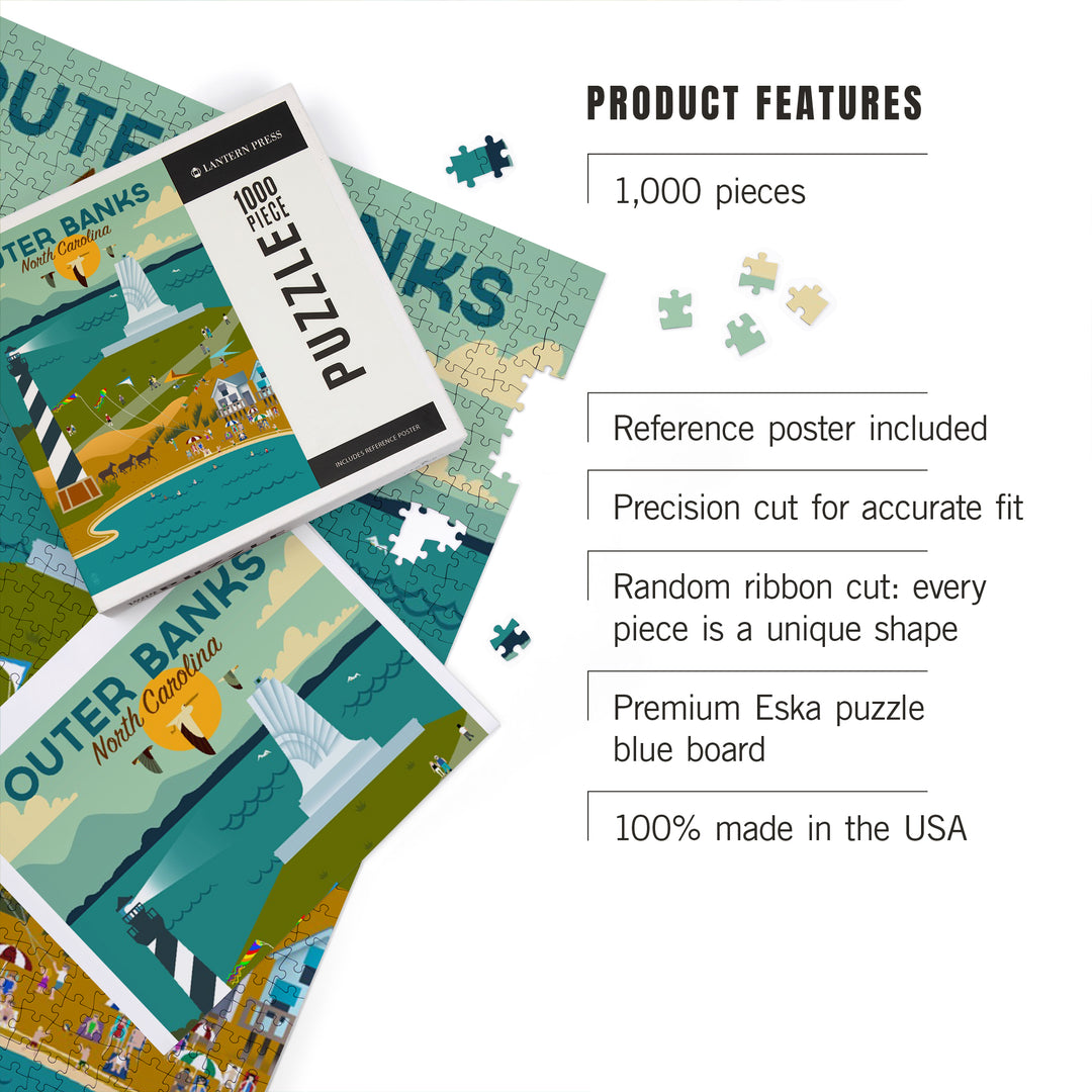 Outer Banks, North Carolina, Beach and Lighthouse, Geometric, Jigsaw Puzzle Puzzle Lantern Press