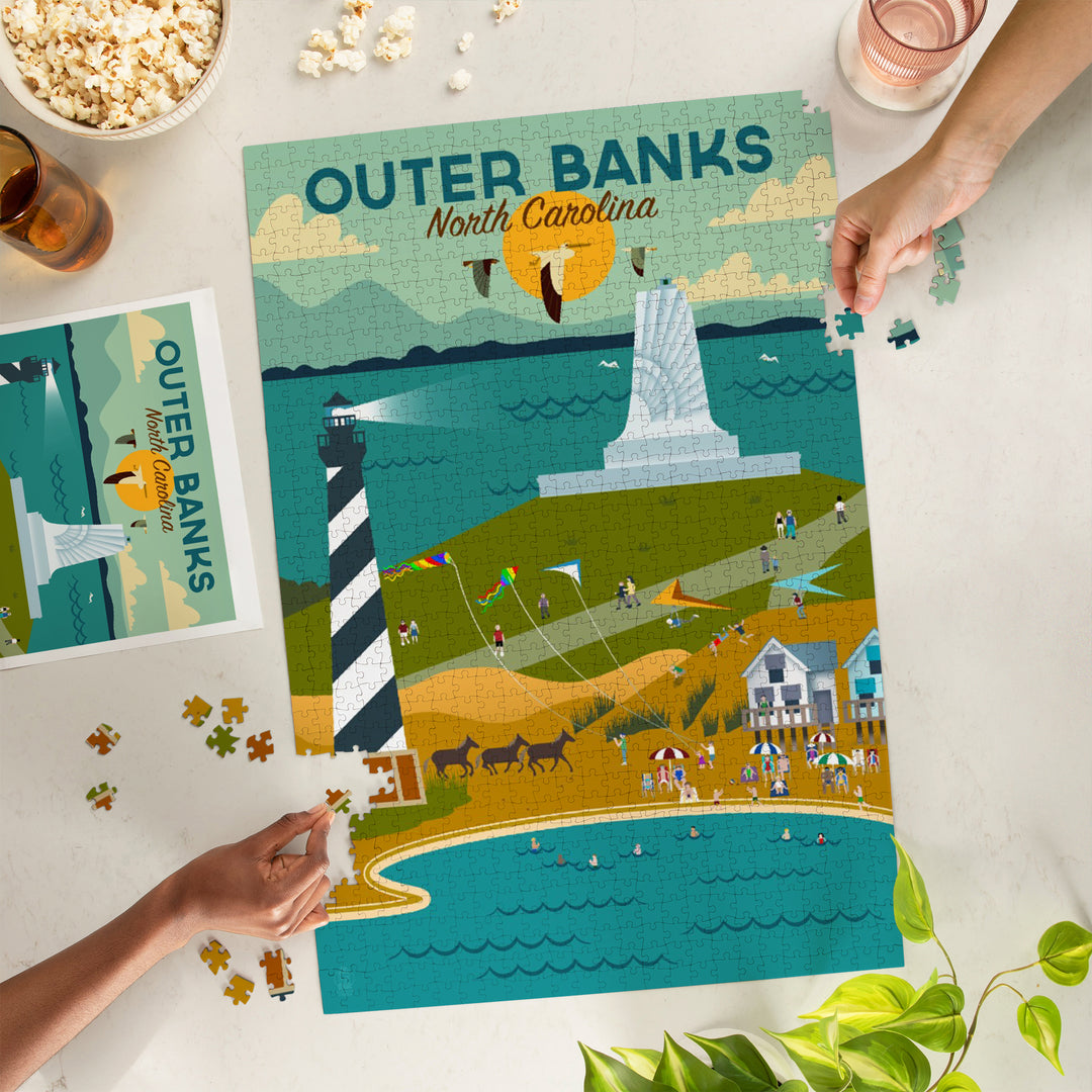 Outer Banks, North Carolina, Beach and Lighthouse, Geometric, Jigsaw Puzzle Puzzle Lantern Press