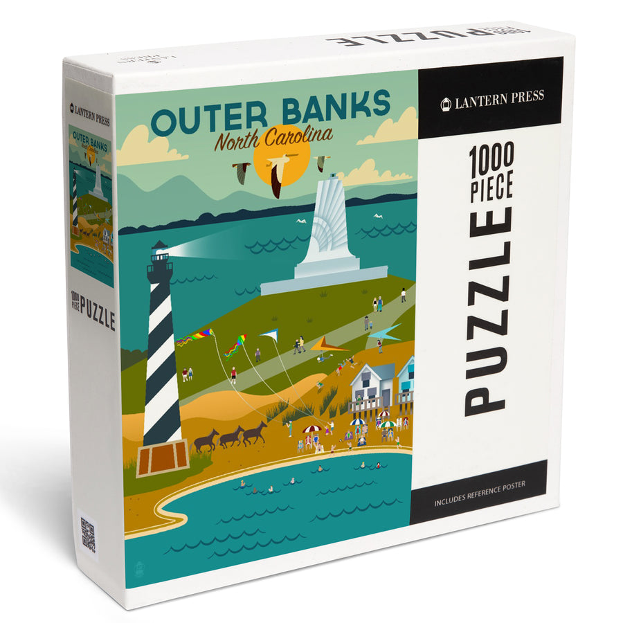 Outer Banks, North Carolina, Beach and Lighthouse, Geometric, Jigsaw Puzzle Puzzle Lantern Press