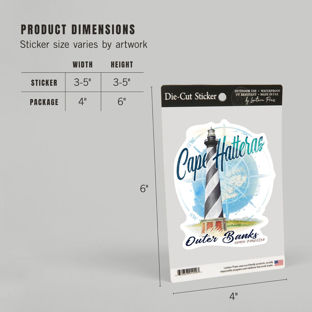 Outer Banks, North Carolina, Cape Hatteras Lighthouse, Contour, Lantern Press Artwork, Vinyl Sticker Sticker Lantern Press