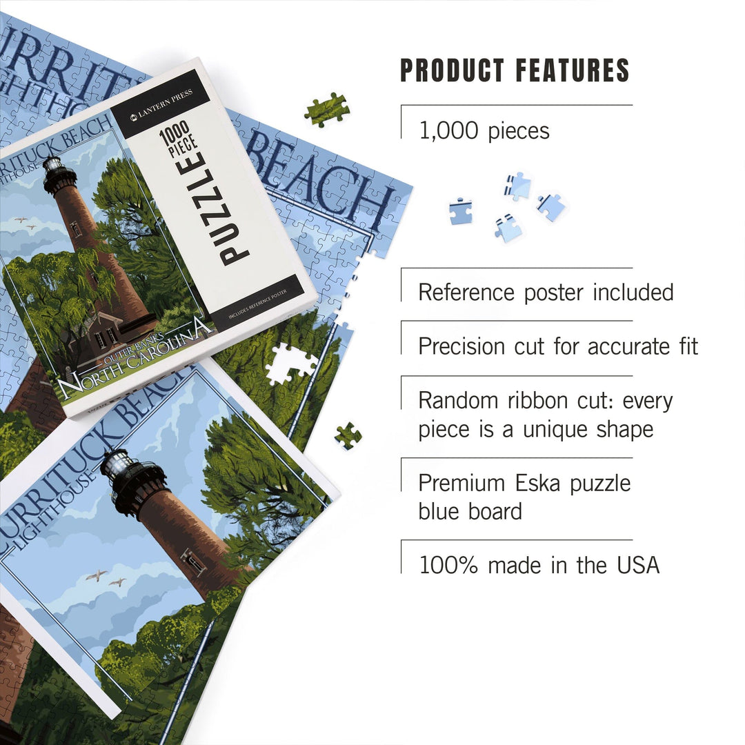 Outer Banks, North Carolina, Currituck Beach Lighthouse Day Scene, Jigsaw Puzzle Puzzle Lantern Press