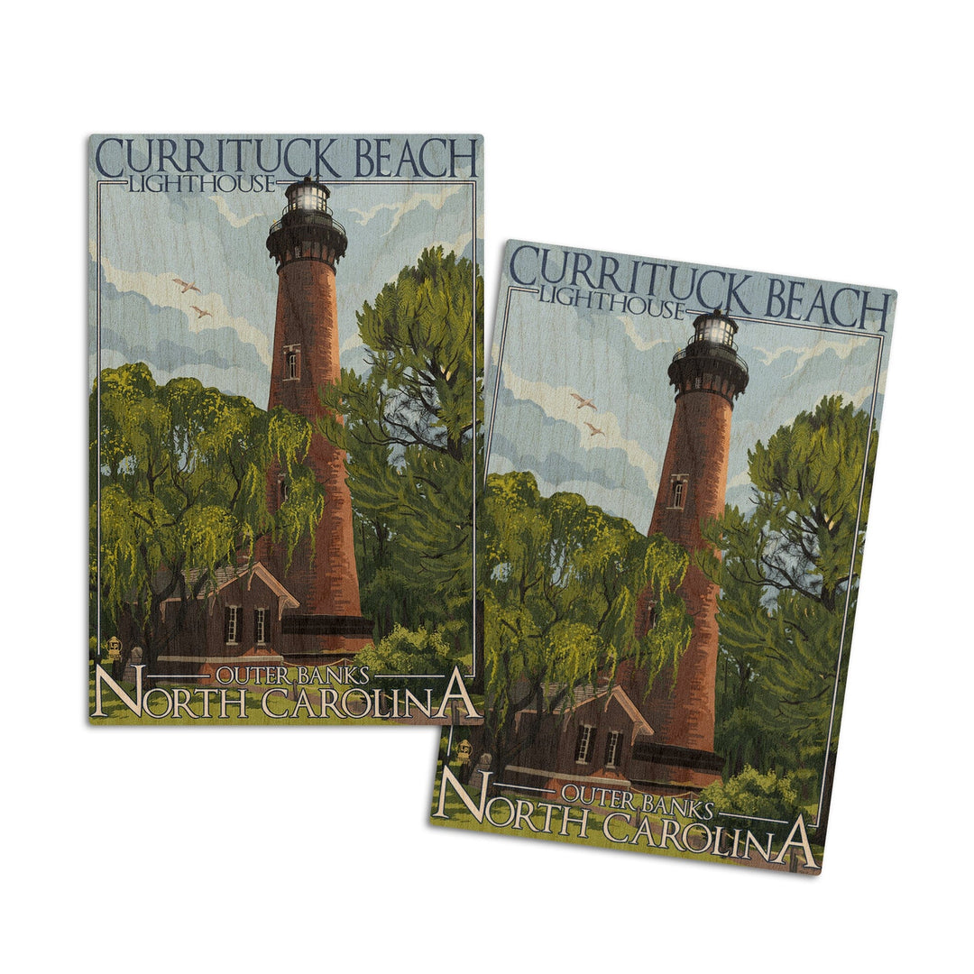 Outer Banks, North Carolina, Currituck Beach Lighthouse Day Scene, Lantern Press Artwork, Wood Signs and Postcards Wood Lantern Press 4x6 Wood Postcard Set