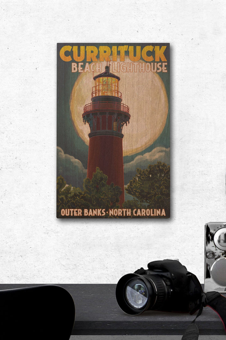 Outer Banks, North Carolina, Currituck Beach Lighthouse & Moon, Lantern Press Artwork, Wood Signs and Postcards Wood Lantern Press 12 x 18 Wood Gallery Print