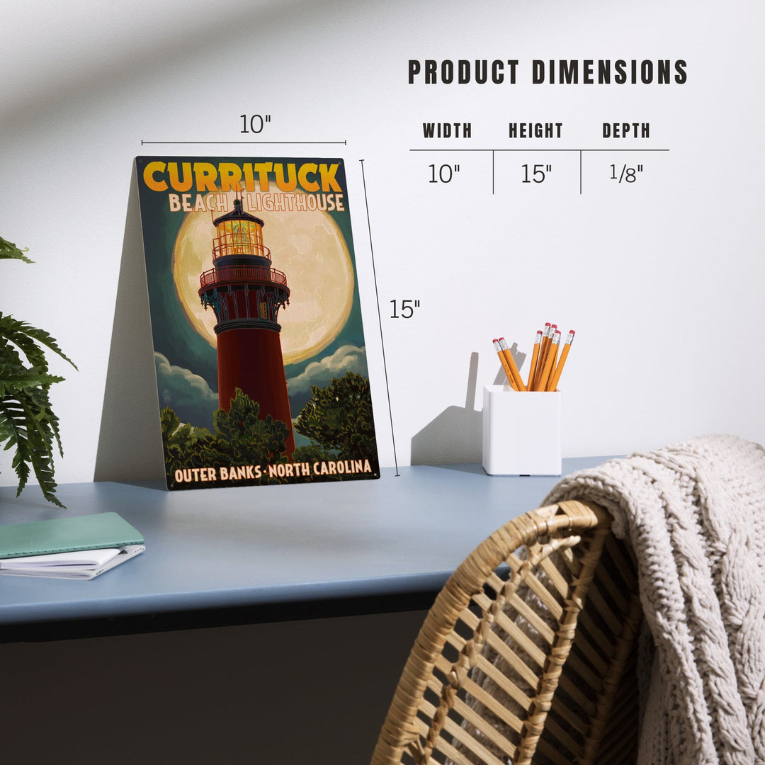 Outer Banks, North Carolina, Currituck Beach Lighthouse & Moon, Lantern Press Artwork, Wood Signs and Postcards Wood Lantern Press