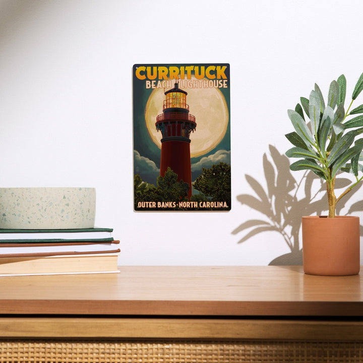 Outer Banks, North Carolina, Currituck Beach Lighthouse & Moon, Lantern Press Artwork, Wood Signs and Postcards Wood Lantern Press