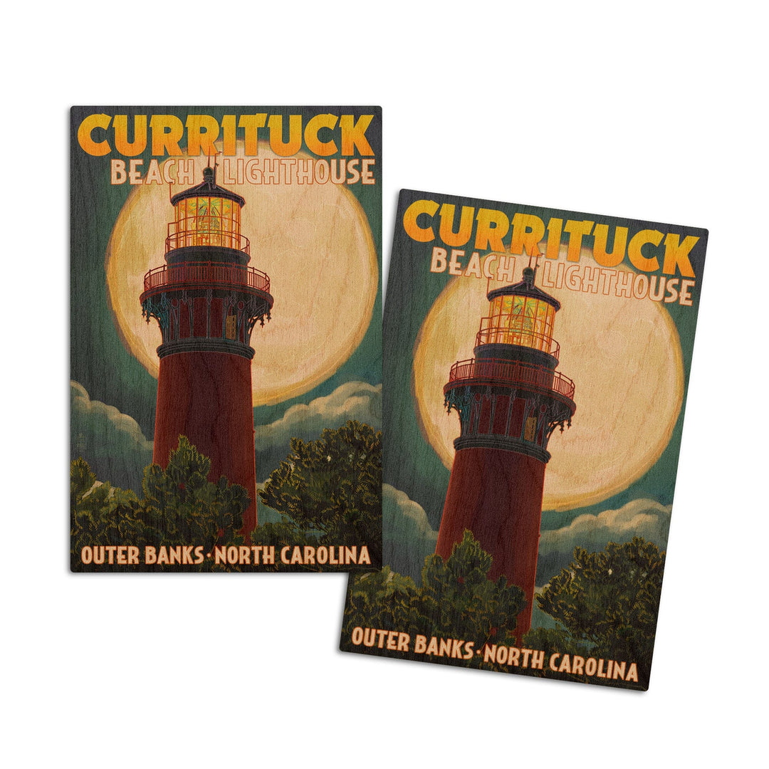 Outer Banks, North Carolina, Currituck Beach Lighthouse & Moon, Lantern Press Artwork, Wood Signs and Postcards Wood Lantern Press 4x6 Wood Postcard Set