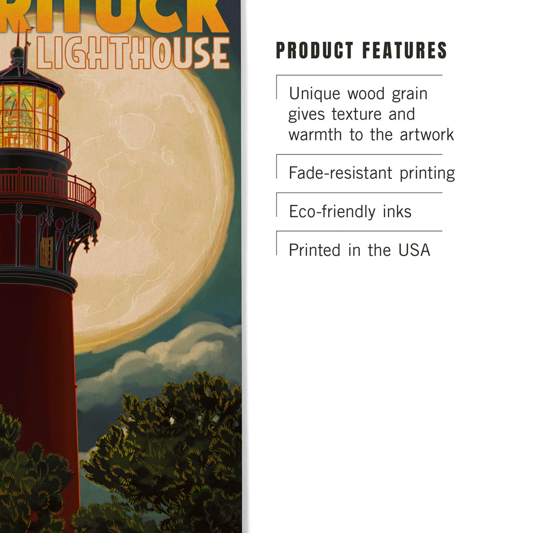 Outer Banks, North Carolina, Currituck Beach Lighthouse & Moon, Lantern Press Artwork, Wood Signs and Postcards Wood Lantern Press