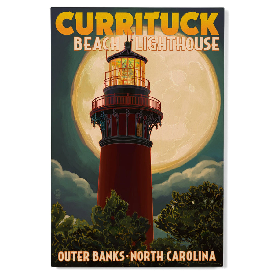 Outer Banks, North Carolina, Currituck Beach Lighthouse & Moon, Lantern Press Artwork, Wood Signs and Postcards Wood Lantern Press