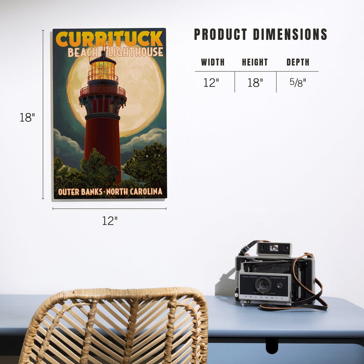 Outer Banks, North Carolina, Currituck Beach Lighthouse & Moon, Lantern Press Artwork, Wood Signs and Postcards Wood Lantern Press