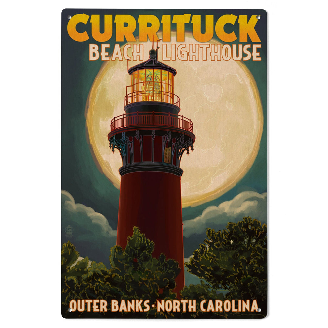 Outer Banks, North Carolina, Currituck Beach Lighthouse & Moon, Lantern Press Artwork, Wood Signs and Postcards Wood Lantern Press
