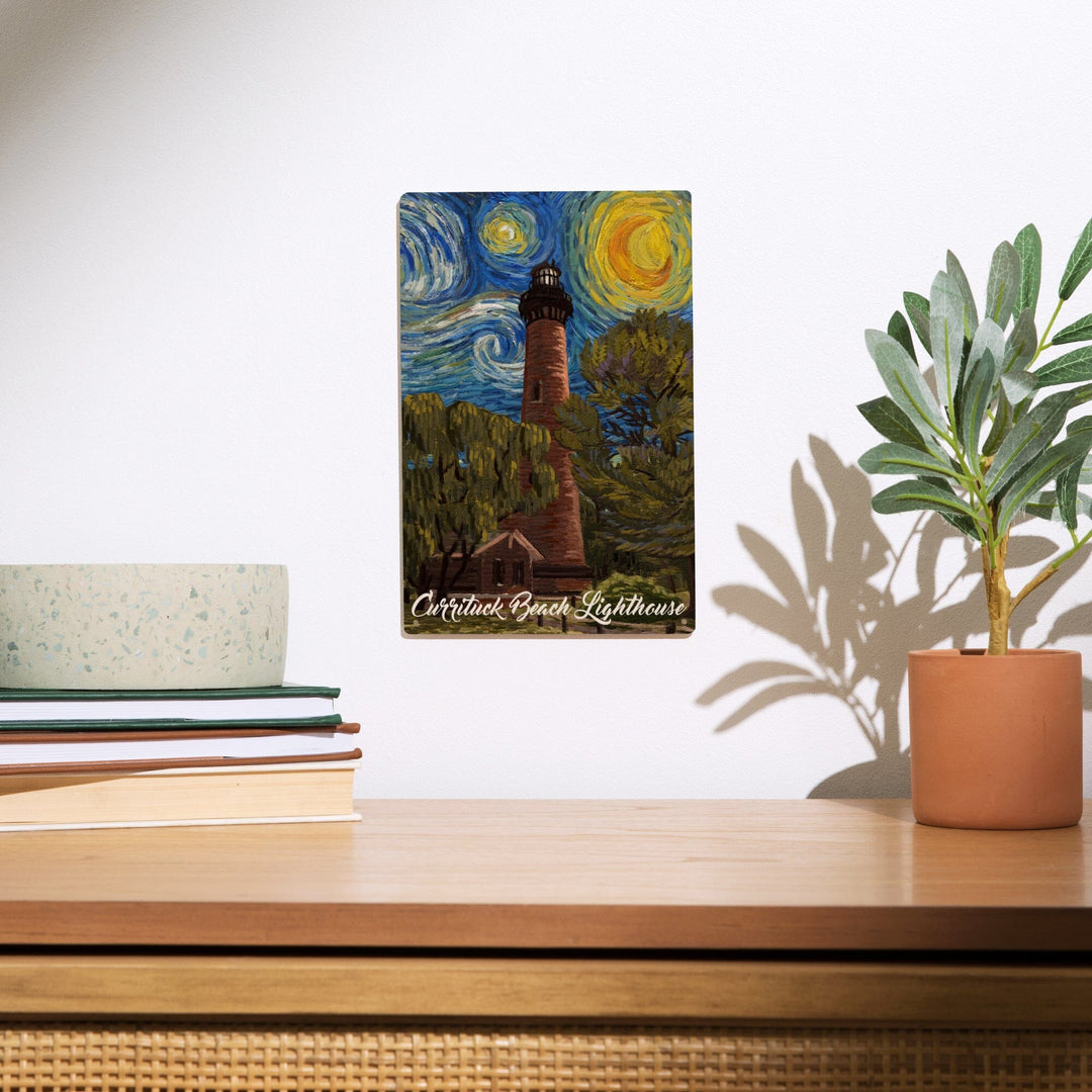 Outer Banks, North Carolina, Currituck Beach Lighthouse, Starry Night, Lantern Press Artwork, Wood Signs and Postcards Wood Lantern Press