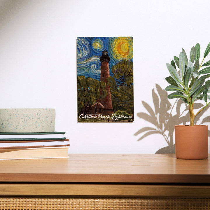 Outer Banks, North Carolina, Currituck Beach Lighthouse, Starry Night, Lantern Press Artwork, Wood Signs and Postcards Wood Lantern Press