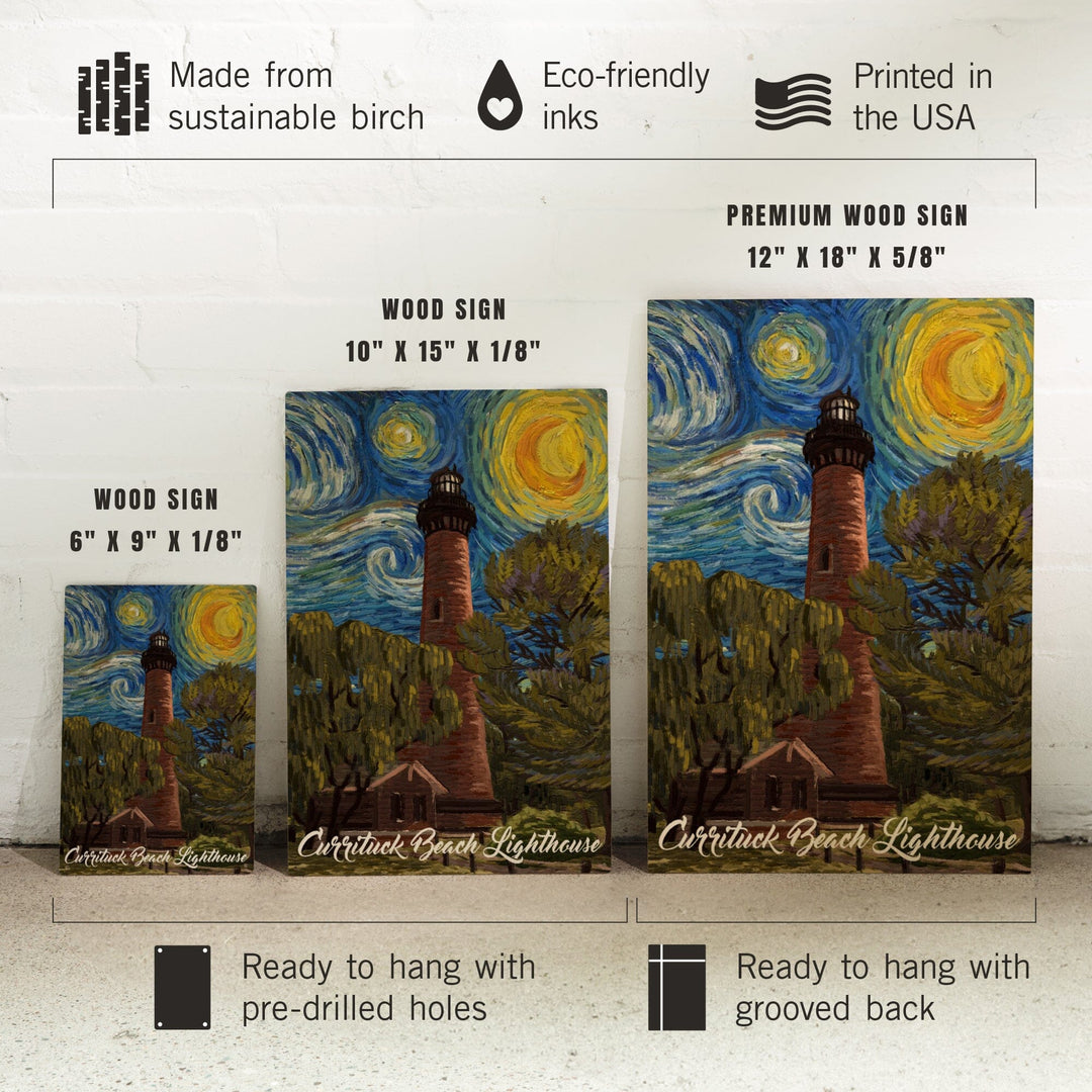 Outer Banks, North Carolina, Currituck Beach Lighthouse, Starry Night, Lantern Press Artwork, Wood Signs and Postcards Wood Lantern Press