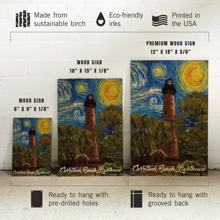Outer Banks, North Carolina, Currituck Beach Lighthouse, Starry Night, Lantern Press Artwork, Wood Signs and Postcards Wood Lantern Press