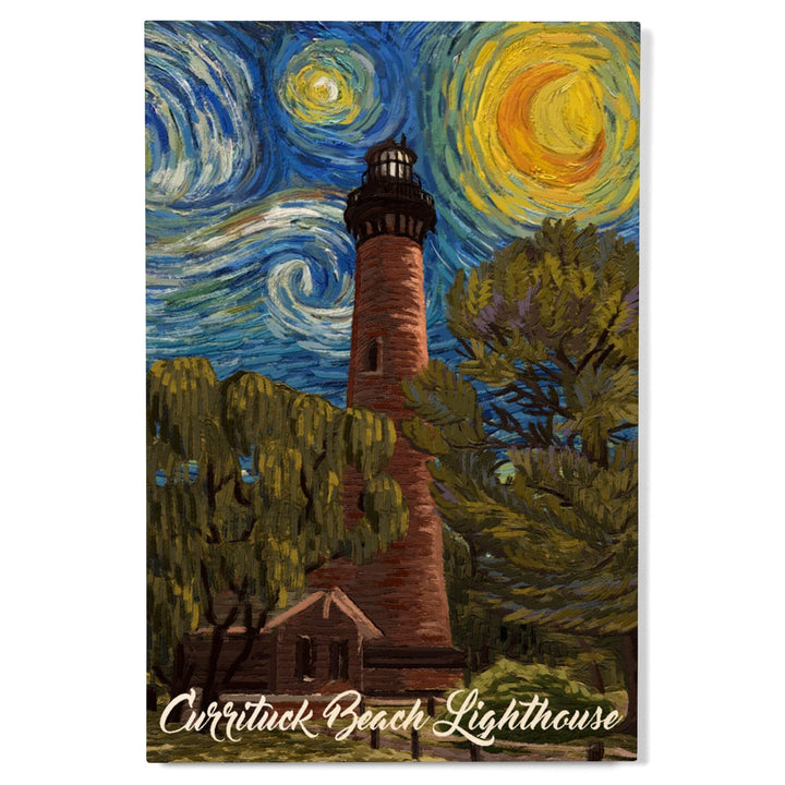 Outer Banks, North Carolina, Currituck Beach Lighthouse, Starry Night, Lantern Press Artwork, Wood Signs and Postcards Wood Lantern Press