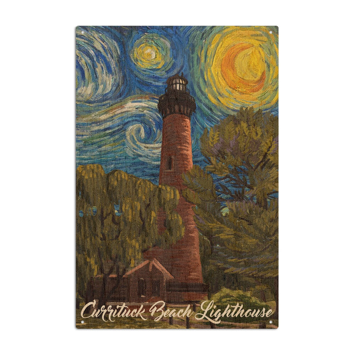 Outer Banks, North Carolina, Currituck Beach Lighthouse, Starry Night, Lantern Press Artwork, Wood Signs and Postcards Wood Lantern Press 6x9 Wood Sign