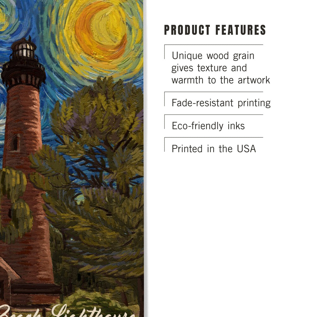 Outer Banks, North Carolina, Currituck Beach Lighthouse, Starry Night, Lantern Press Artwork, Wood Signs and Postcards Wood Lantern Press