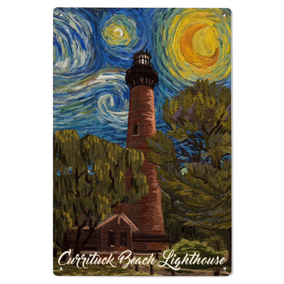 Outer Banks, North Carolina, Currituck Beach Lighthouse, Starry Night, Lantern Press Artwork, Wood Signs and Postcards Wood Lantern Press