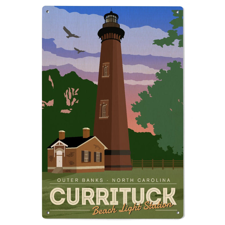 Outer Banks, North Carolina, Currituck Beach Lighthouse, Vector Style, Lantern Press Artwork, Wood Signs and Postcards Wood Lantern Press