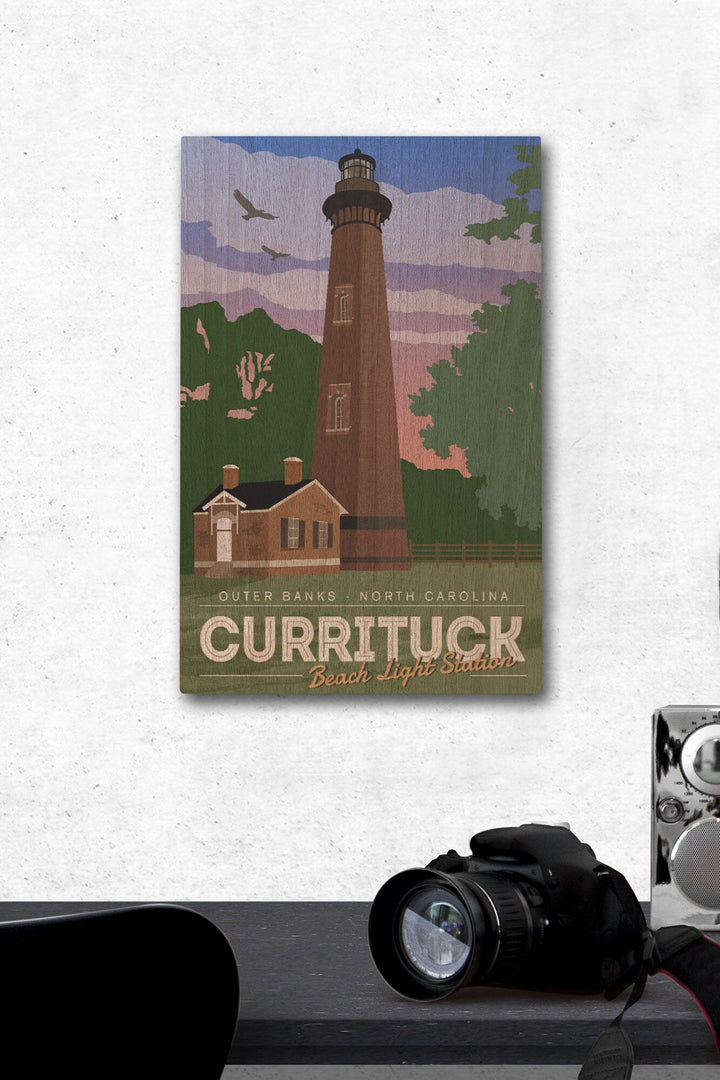 Outer Banks, North Carolina, Currituck Beach Lighthouse, Vector Style, Lantern Press Artwork, Wood Signs and Postcards Wood Lantern Press 12 x 18 Wood Gallery Print
