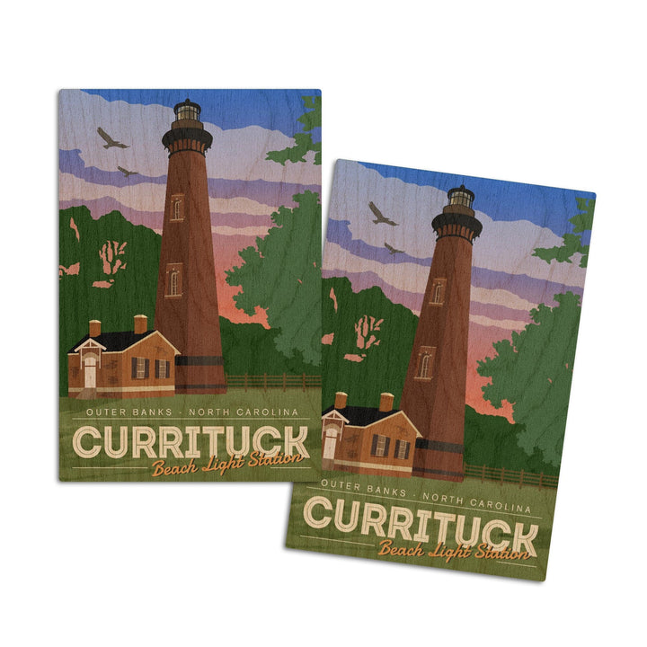 Outer Banks, North Carolina, Currituck Beach Lighthouse, Vector Style, Lantern Press Artwork, Wood Signs and Postcards Wood Lantern Press 4x6 Wood Postcard Set