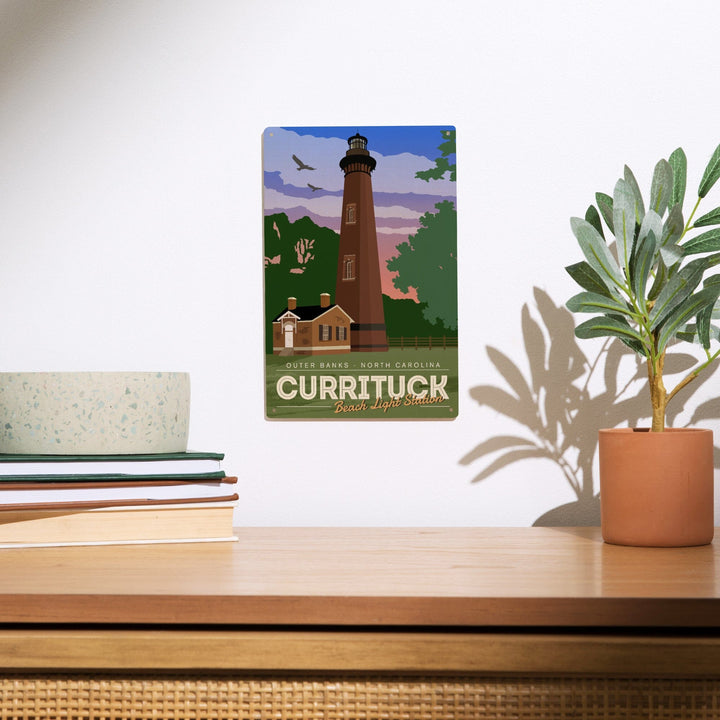 Outer Banks, North Carolina, Currituck Beach Lighthouse, Vector Style, Lantern Press Artwork, Wood Signs and Postcards Wood Lantern Press