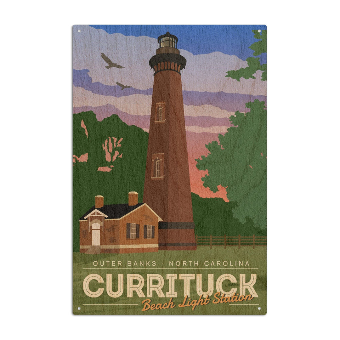 Outer Banks, North Carolina, Currituck Beach Lighthouse, Vector Style, Lantern Press Artwork, Wood Signs and Postcards Wood Lantern Press 6x9 Wood Sign