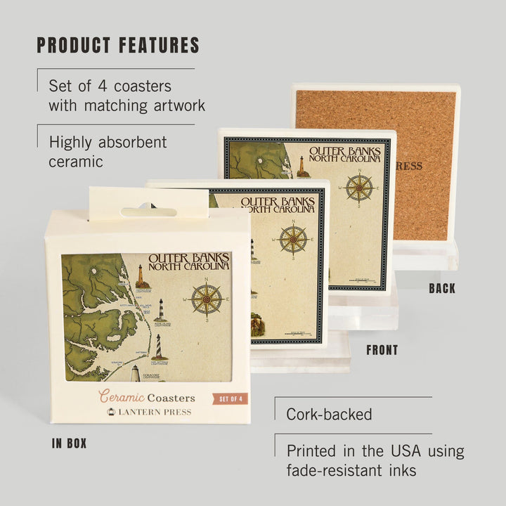 Outer Banks, North Carolina, Lighthouse and Town Map, Coasters Coasters Lantern Press