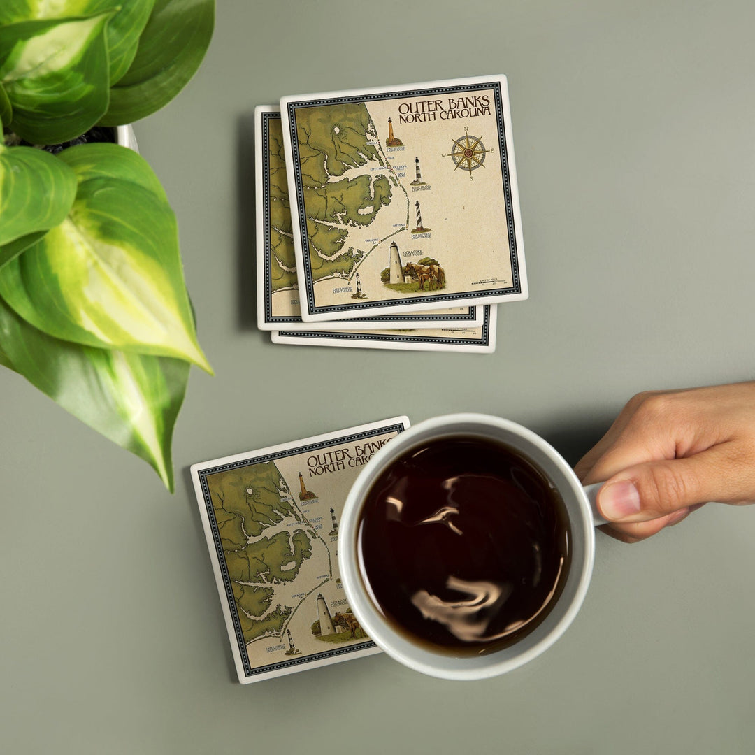 Outer Banks, North Carolina, Lighthouse and Town Map, Coasters Coasters Lantern Press