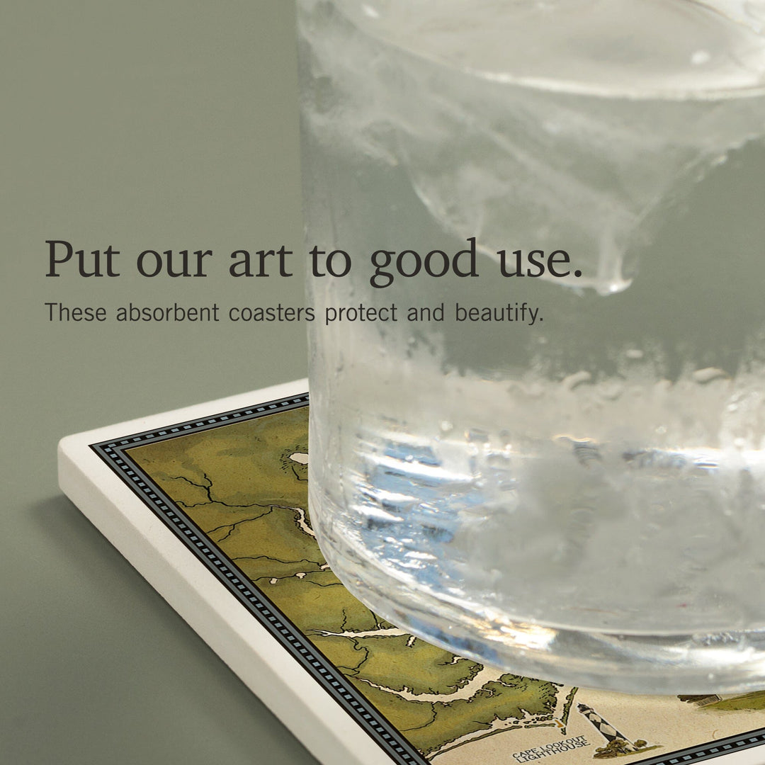 Outer Banks, North Carolina, Lighthouse and Town Map, Coasters Coasters Lantern Press