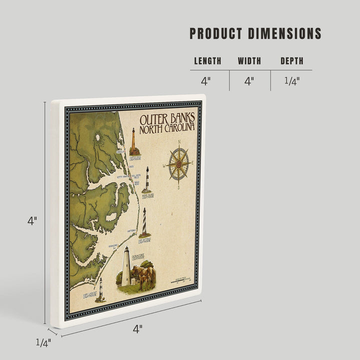 Outer Banks, North Carolina, Lighthouse and Town Map, Coasters Coasters Lantern Press