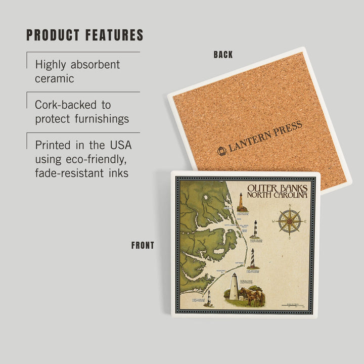 Outer Banks, North Carolina, Lighthouse and Town Map, Coasters Coasters Lantern Press