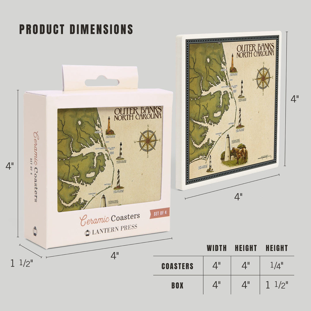 Outer Banks, North Carolina, Lighthouse and Town Map, Coasters Coasters Lantern Press