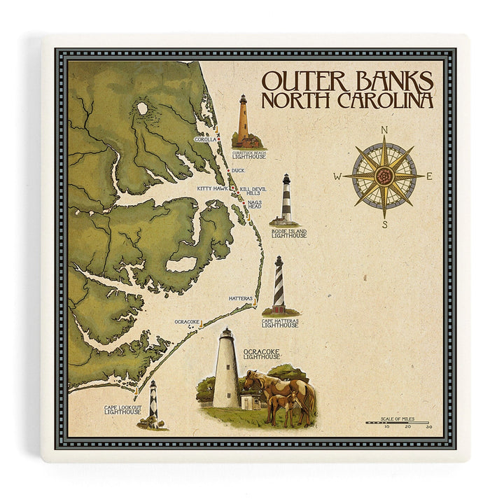 Outer Banks, North Carolina, Lighthouse and Town Map, Coasters Coasters Lantern Press Coaster