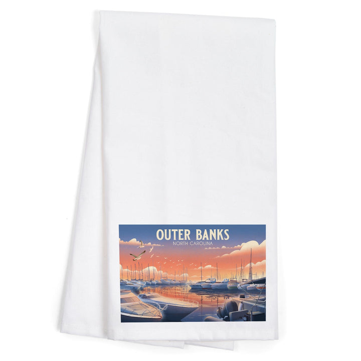Outer Banks, North Carolina, Lithograph, Home Sweet Harbor, Boats in Marina, Organic Cotton Kitchen Tea Towels Kitchen Lantern Press