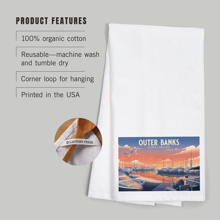 Outer Banks, North Carolina, Lithograph, Home Sweet Harbor, Boats in Marina, Organic Cotton Kitchen Tea Towels Kitchen Lantern Press