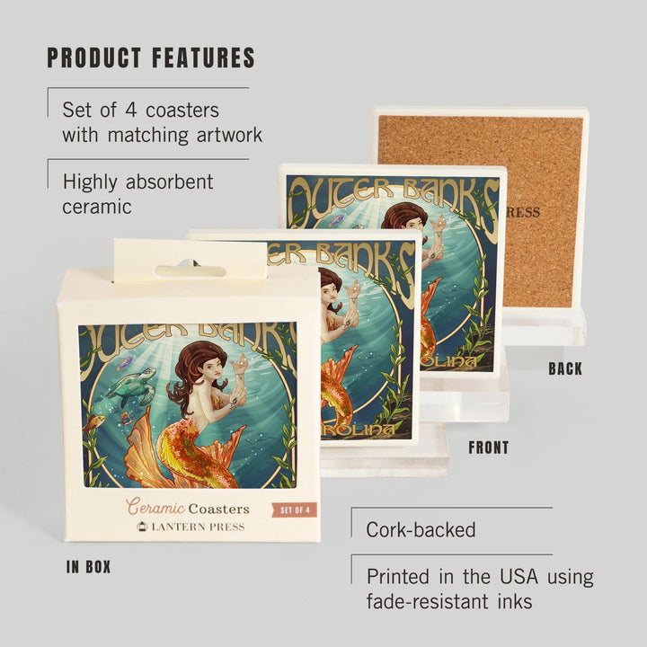 Outer Banks, North Carolina, Mermaid, Coasters Coasters Lantern Press