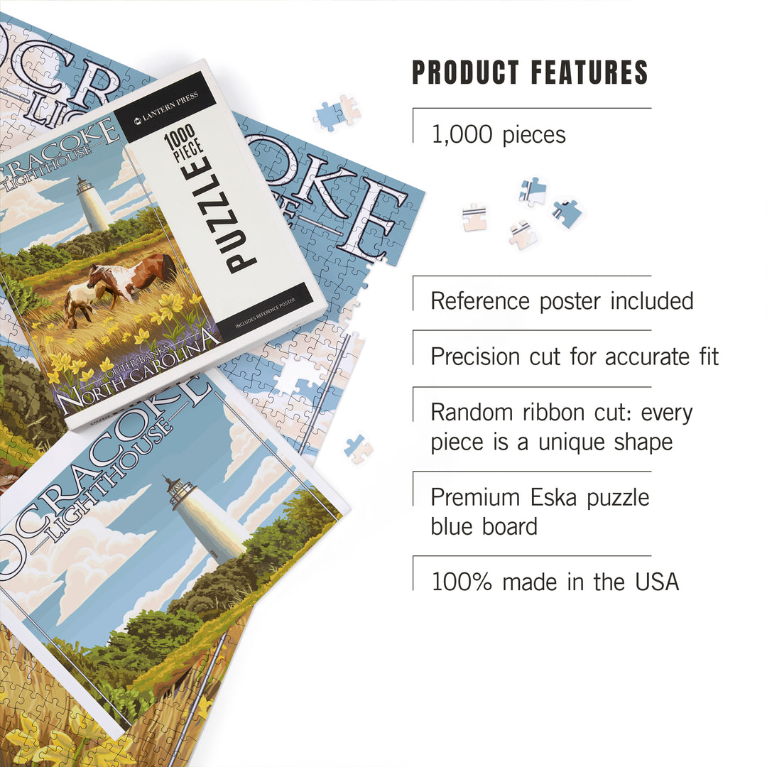 Outer Banks, North Carolina, Ocracoke Lighthouse, Jigsaw Puzzle Puzzle Lantern Press