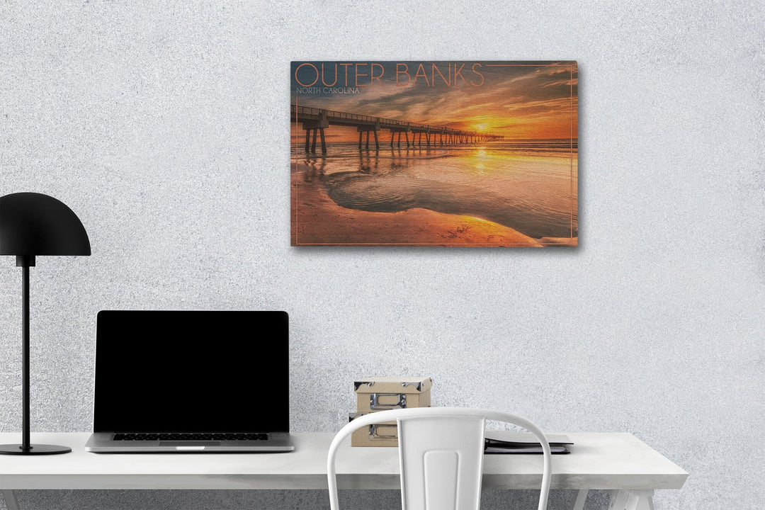 Outer Banks, North Carolina, Pier & Sunset, Lantern Press Photography, Wood Signs and Postcards Wood Lantern Press 12 x 18 Wood Gallery Print