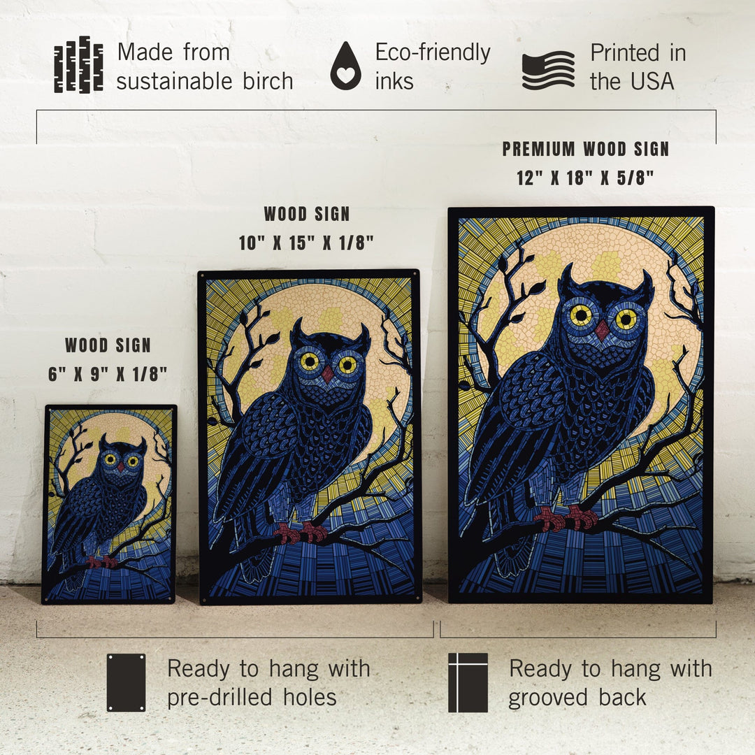 Owl, Paper Mosaic, Lantern Press Artwork, Wood Signs and Postcards Wood Lantern Press