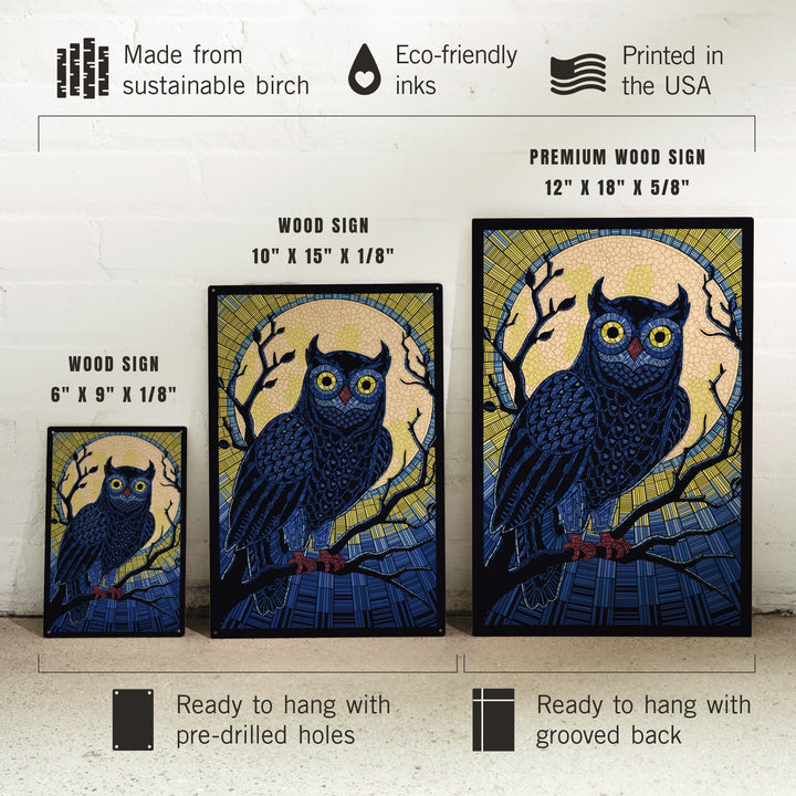 Owl, Paper Mosaic, Lantern Press Artwork, Wood Signs and Postcards Wood Lantern Press